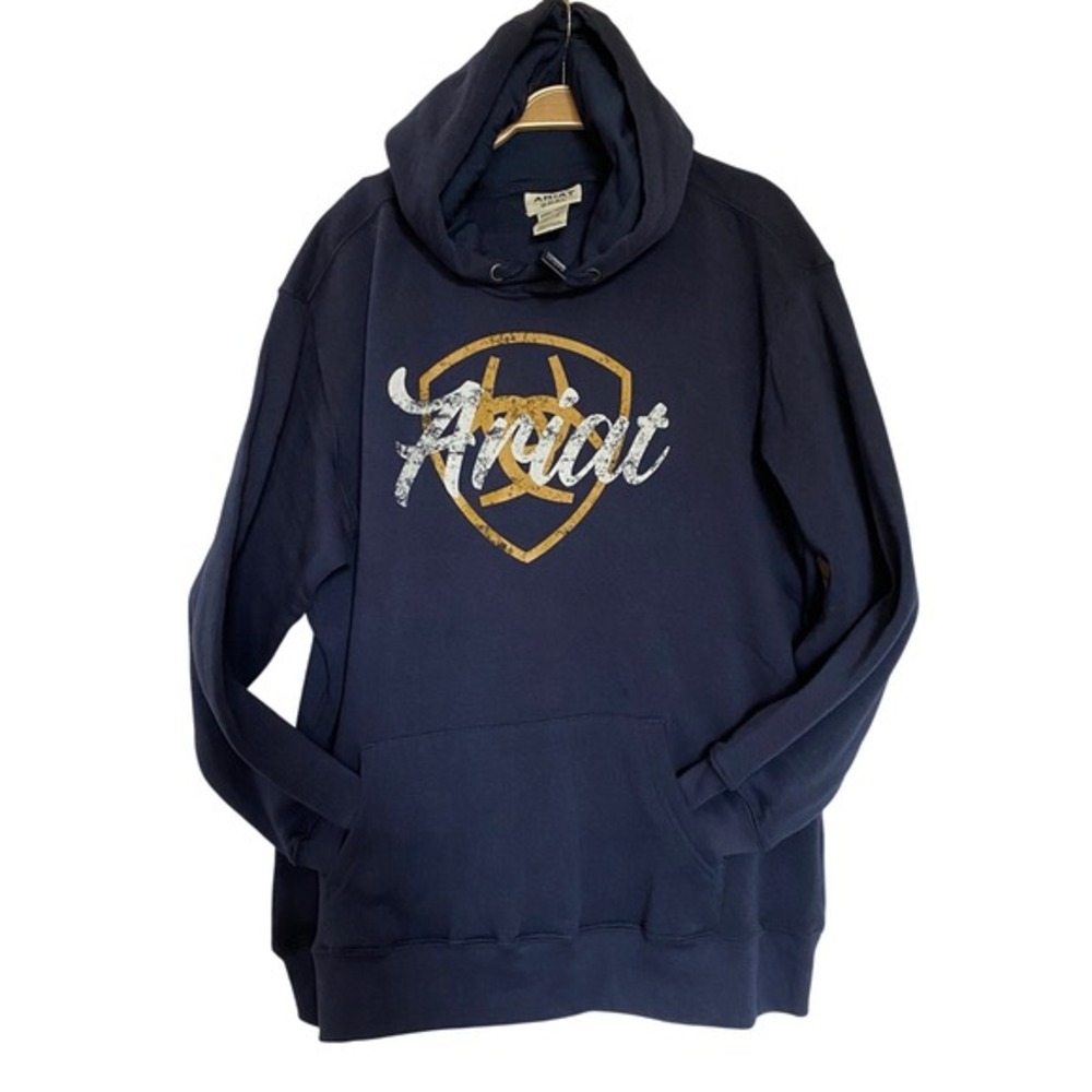 Ariat REAL Shield Logo Hoodie Sweatshirt Women L Navy Western Cowgirl NWT